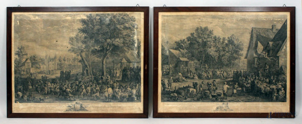 Scene di genere, lotto composto da due incisioni, cm. 59x76, XVIII secolo, entro cornici, (difetti sulla carta).