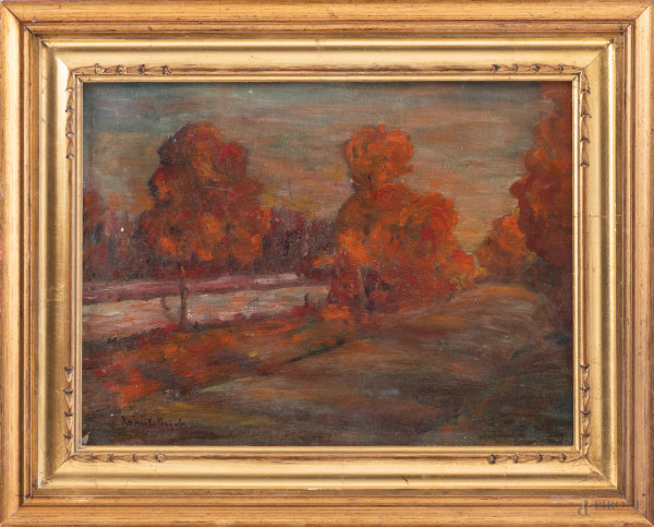 Paesaggio autunnale, XX secolo, olio su cartone telato, cm 30x40, firmato in basso a sinistra, entro cornice, (segni di usura, cartone imbarcato, cadute di colore)