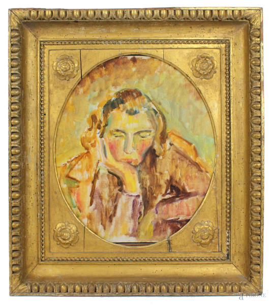 Franco Villoresi - Ritratto di donna, olio su tavola, cm. 39x34,5, entro cornice