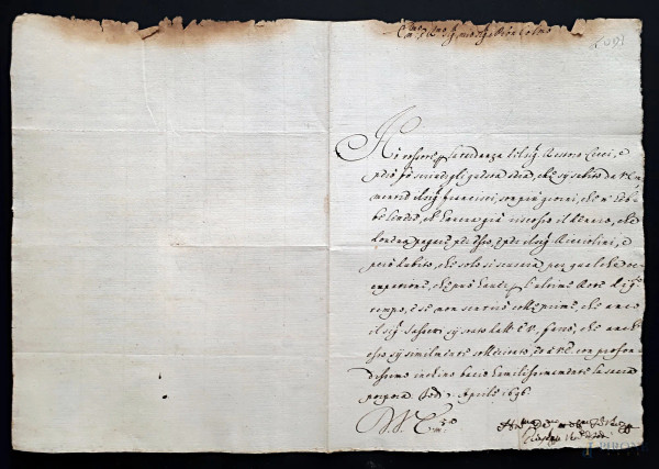Antico raro manoscritto umbro del 1696 scampato a incendio, vergato a penna d’oca e inchiostro di galla su carta vergellata e filigranata