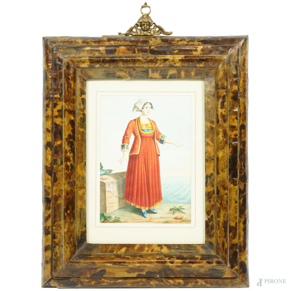 Figura femminile in costume tradizionale, sec. XIX, acquerello su carta, cm 16,5x12, entro cornice