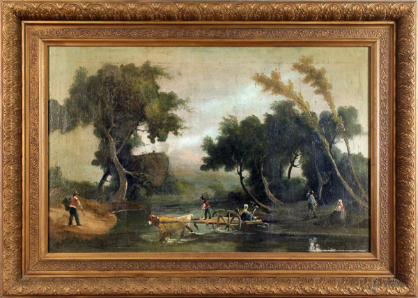 Paesaggio fluviale con carro e figure, olio su tela 46x74, XIX sec, entro cornice.