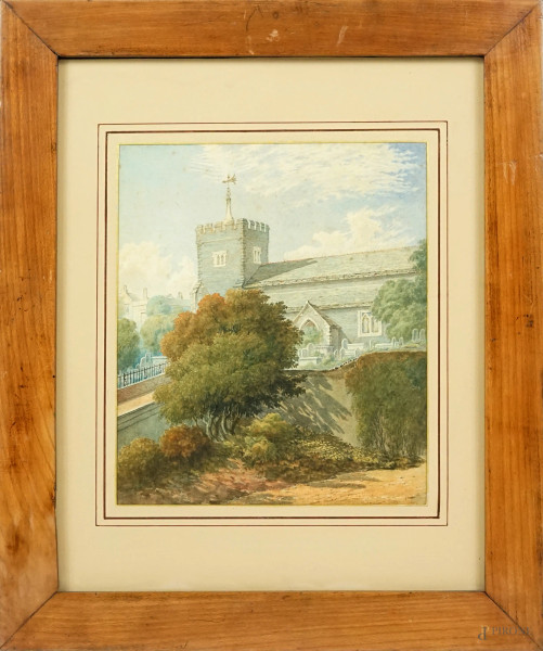 Chiesa di San Nicola a Brighton (The old church), acquerello su carta, datato sul retro 1873, cm 26x22, entro cornice