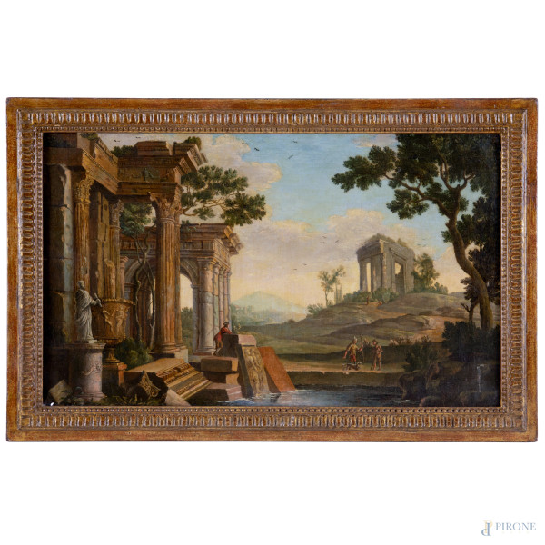 Capriccio, XIX secolo, olio su tela, cm 41,5x68, entro cornice, (ondulazioni della tela e lievi sollevamenti di colore ai margini)