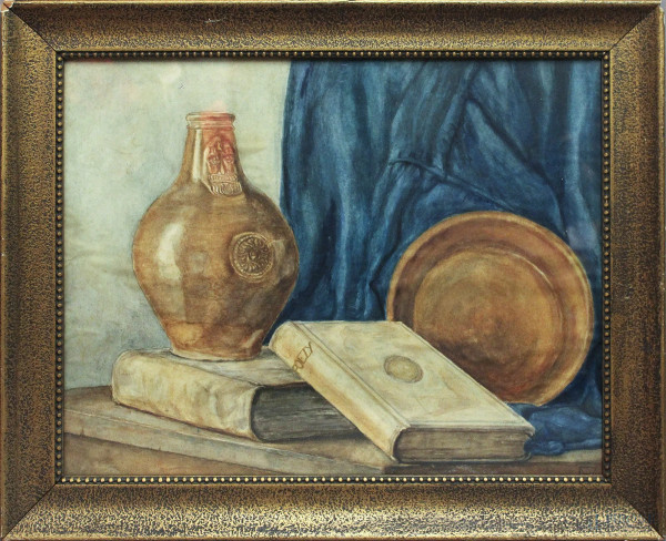 Natura morta, libri e vasellame, acquarello del XIX sec., cm 54 x 42, entro cornice.