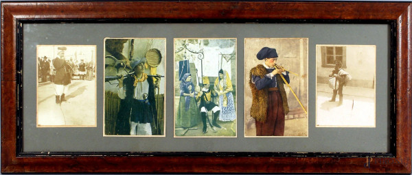 Lotto composto da cinque fotografie e stampe raffiguranti personaggi sardi, misure foto 14x9 cm, entro unica cornice.