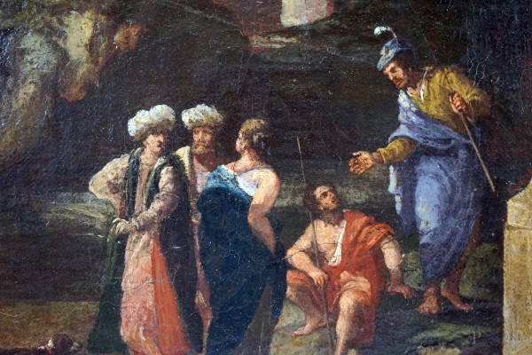 Pittore del XVIII secolo, Paesaggio con rovine architettoniche e figure, olio su tela, cm 48,5x33...