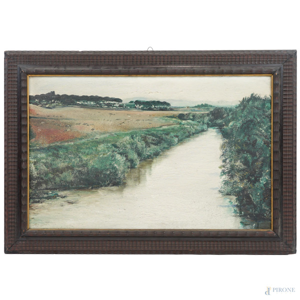 Rosario Pulvirenti (1899-1966), Paesaggio fluviale, olio su tela, firmato Pulvirenti, cm 59.5x93.2, entro cornice