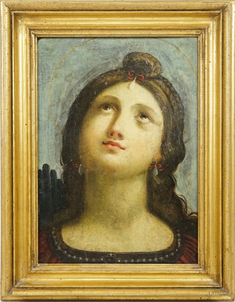 Santa Cecilia, antico dipinto ad olio su tavola, cm 35,5x25, entro conice