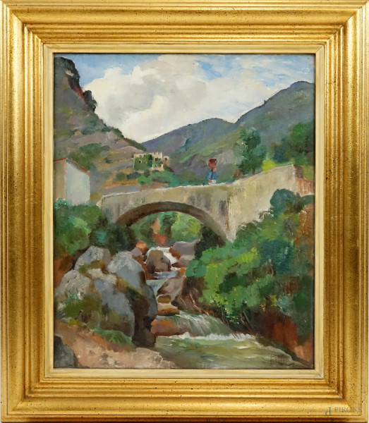 Luigi Polverini - Campagna toscana con ponte, olio su tela, cm 55,5x46, entro cornice
