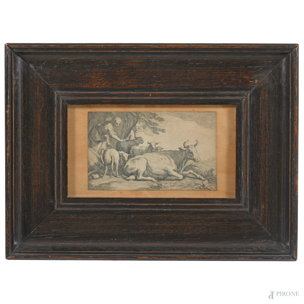 Pastore con armenti, XIX-XX secolo, stampa su carta applicata su tavoletta, cm 9x15, entro cornice, (ossidazione, foxing)