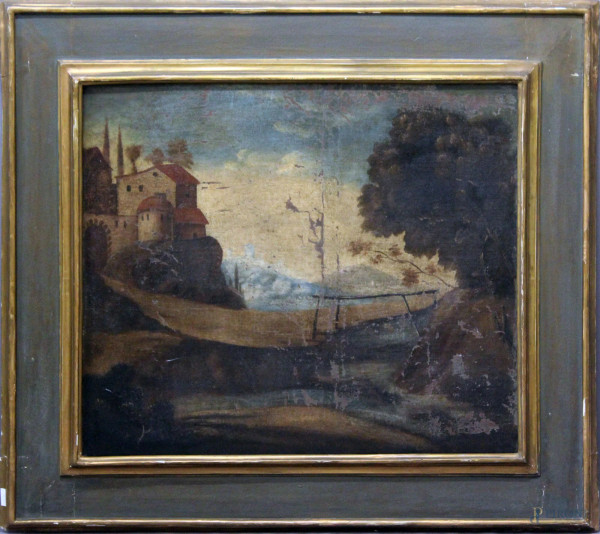 Paesaggio fluviale con paese, pittore del XIII° sec. , olio su tela, 80x95 cm, entro cornice 