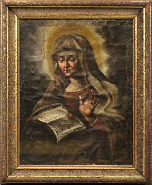Scuola napoletana del XVII secolo, Madonna annunciata, olio su tela, cm 76x59, (difetti)