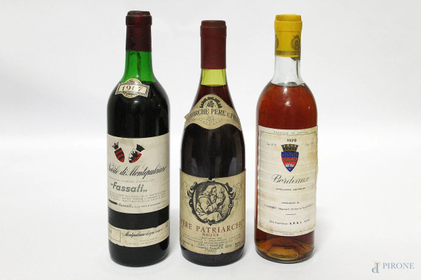 Lotto di tre vini: bordeaux 1970, Pere Patriarche, Fassati Montepulciano 1967.