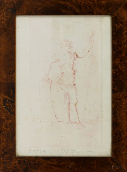 Osvaldo Martusi, Soldato, sanguigna su carta, cm 23 x 16, entro cornice.