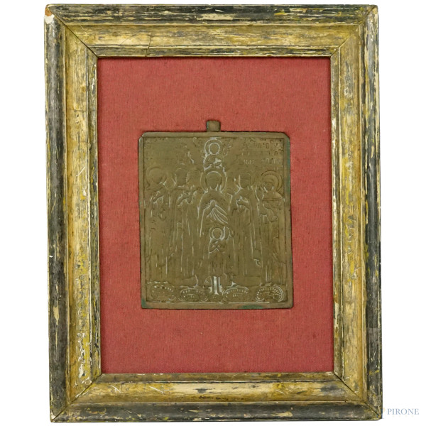 Icona ortodossa da viaggio in bronzo, XIX secolo, cm 13,5x11, entro cornice