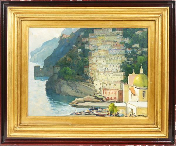 Edoardo Pizzirani (Genova 1915 - Pozzuoli, 2011), Positano, olio su compensato, firmato in basso a destra, sul retro firmato, titolato e datato 1975, cm 35x45, entro cornice