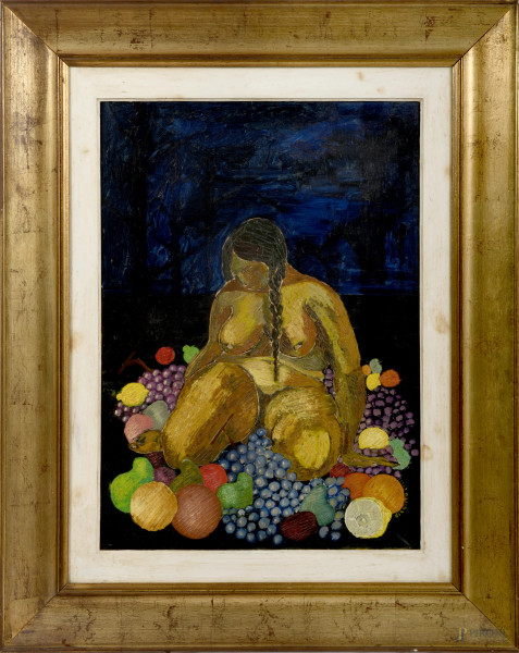 Virgilio Lilli (Cosenza, 1907 – Zurigo, 1976), Carne e frutta, olio su tela, firmato in basso a destra "Virgilio Lilli", cm 50x70, entro cornice