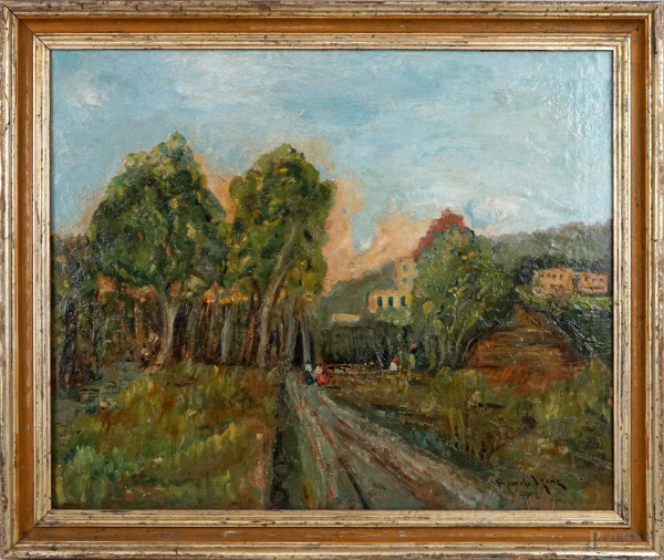 Romolo Leone - Sentiero con viandanti, olio su tela, cm 60x50, entro cornice.