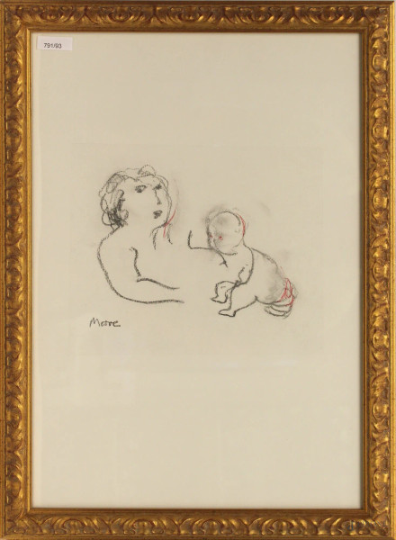 Donna con bambino,  litografia, cm 50 x 35, entro cornice.