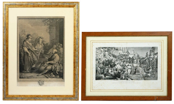 Lotto di due stampe raffiguranti "Erminia e i pastori" e "Fiaccole di Nerone", epoche diverse, misure max cm 51,5x35, entro cornici, (difetti)