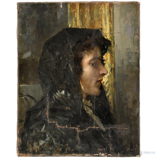 Profilo di donna, XIX-XX secolo, olio su tela, cm 48,5x39, (restauri, difetti, cadute di colore, abrasioni, difetti)
