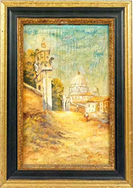 Veduta della cupola di San Pietro dalla via Aurelia antica, olio su tavola, XX secolo, cm 23,5x14,5, entro cornice