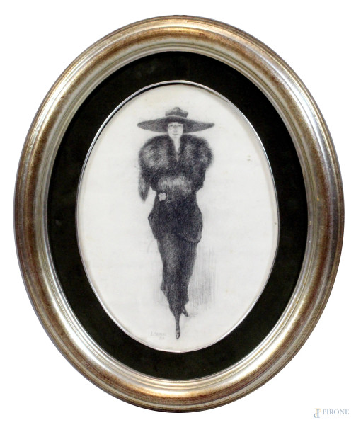 Arnaldo Malpieri - Donna con cappello, disegno a carboncino su carta ad assetto ovale, cm. 40x30, firmato e datato 1918, entro cornice.