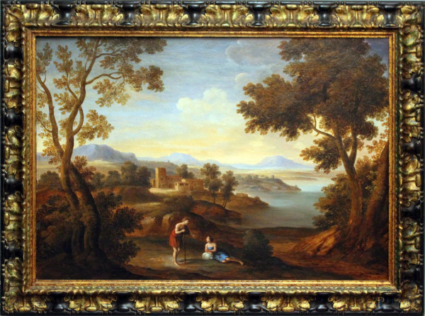 Paesaggio fluviale con figure, dipinto olio su tela, cm. 70x100, entro cornice.