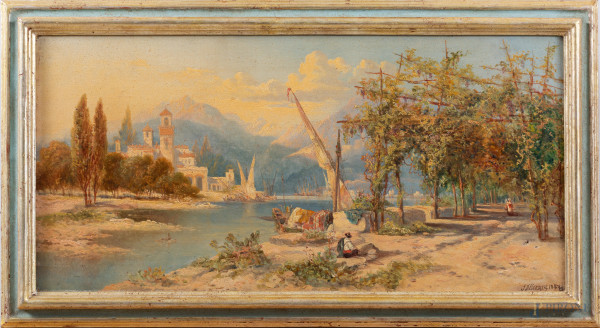 Scorcio alpino, XX secolo, olio su tela, cm30x61, firmato in basso a destra, entro  cornice, (segni di usura)