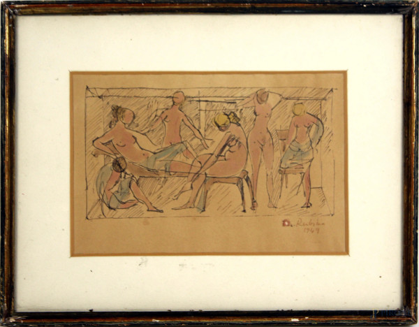 Figure femminili, tecnica mista su carta, cm 15,5x23, a firma Rubino, entro cornice, (difetti).