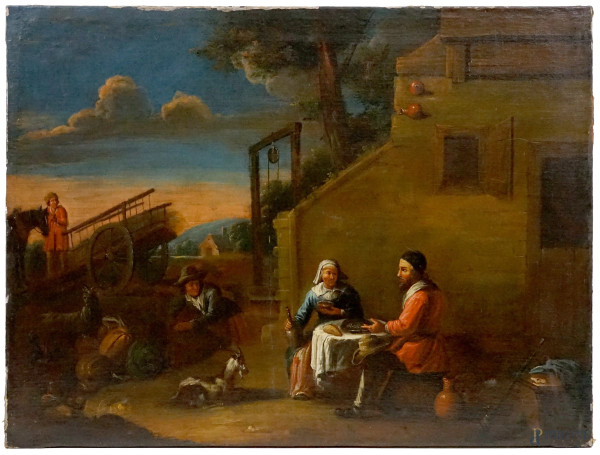 Pittore fiammingo della fine del XVIII secolo, Paesaggio con scena conviviale, olio su tela, cm 79x105,5, (cadute di colore sparse).