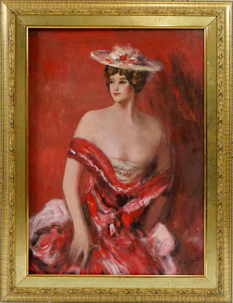 Ritratto di donna con cappello, olio su tavoletta, cm 70x50, firmato, entro cornice.