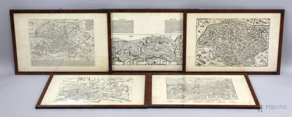 Lotto di cinque stampe raffiguranti piante della città di Roma in epoche diverse, cm 40x60, XX secolo, entro cornici, (macchie).