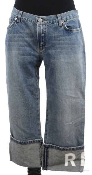 Richmond Denim, jeans  da donna a vita bassa con risvolti e scritta bianca "Richmond", quattro tasche, applicazioni,  chiusura con zip e bottone,  taglia IT 44.