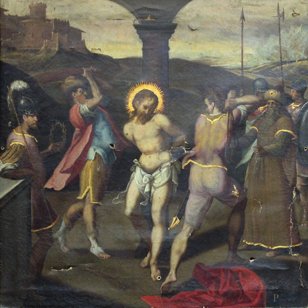 Cristo alla colonna,pittore italiano del XVII sec., olio su tela, cm 100x97, entro cornice.
