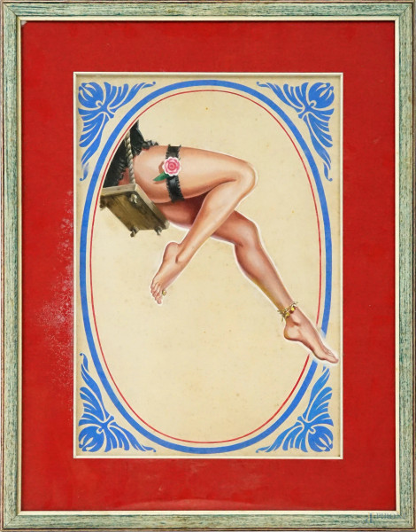 Illustratore del XX secolo, Giochi d'amore alla francese, tempera su cartone, cm 36x49, entro cornice.