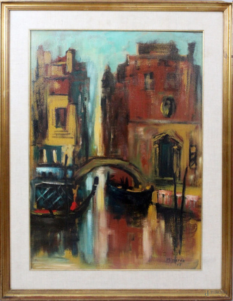 Scorcio di Venezia, olio su tela, cm. 70x50, firmato Minardo, entro cornice.