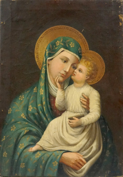 Pittore del XIX-XX secolo, Madonna col Bambino, olio su tela, cm 70x49