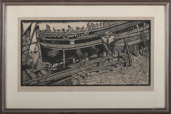 Bruno da Osimo (1888-1962), Cantiere navale, xilografia, cm 41x63,5 compreso passepartout, firmata, dedicata e datata "A.D. MCMXXI", entro cornice, (difetti)