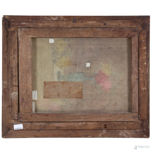 Natura morta di frutta, olio su tela, XX secolo, cm 60,5x77, firmato in basso a destra, (rotture,...