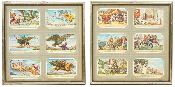 Lotto di 12 figurine Liebig raffiguranti la serie "Invasions des Maures" e "Dieux et heros volants des grecs" entro cornici, XX secolo, cm 29,5x29,5