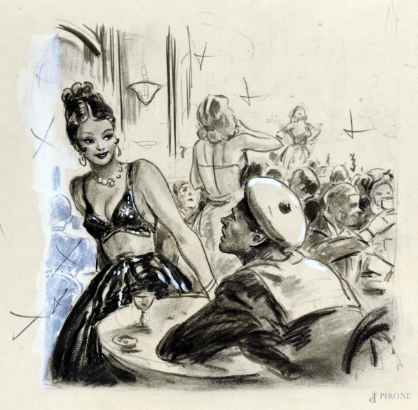 Luigi  Bompard - Il marinaio e la ballerina, tecnica mista su carta, cm 22,5x24,5