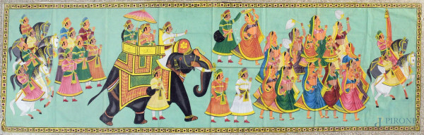 Batik indiano, dipinto su stoffa raffigurante scene di personaggi,  cm 88 x 292.
