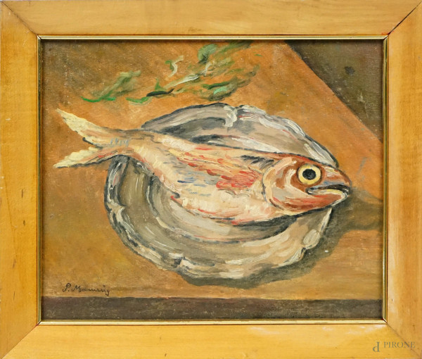 Natura morta - Pesce, olio su cartone telato, cm 25x30, firmato, entro cornice.