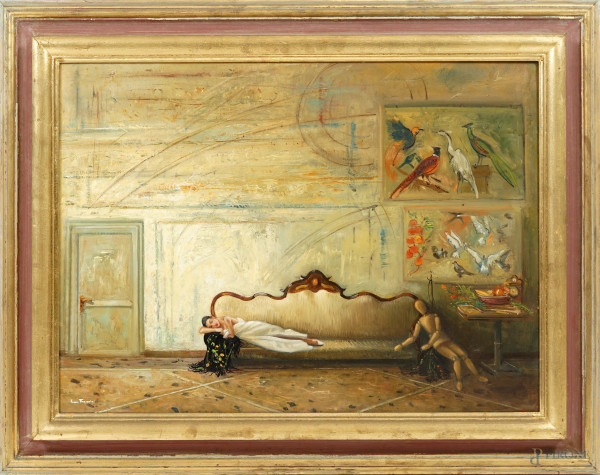 Modella in posa, olio su tavola, firmato in basso a sinistra, cm 55x75, entro cornice