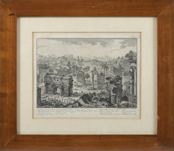 Incisione raffigurante veduta del Campo Vaccino, XIX secolo, cm 36,5x42 compreso passepartout, entro cornice, (segni di usura, ondulazioni della carta, foxing, gore, tracce di umidità)