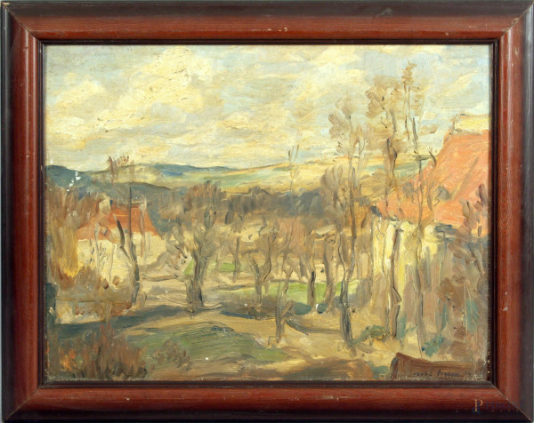 &#352;imon  Pavel - Paesaggio, olio su cartone, cm. 40x32, 1943, entro cornice.