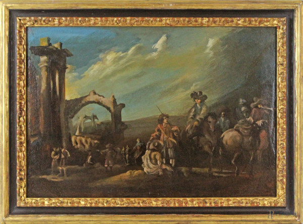 Scuola dell’italia Settentrionale del XVIII secolo, Prima della battaglia, tempera grassa su tela, cm 34x49, cornice in stile in legno laccato e dorato