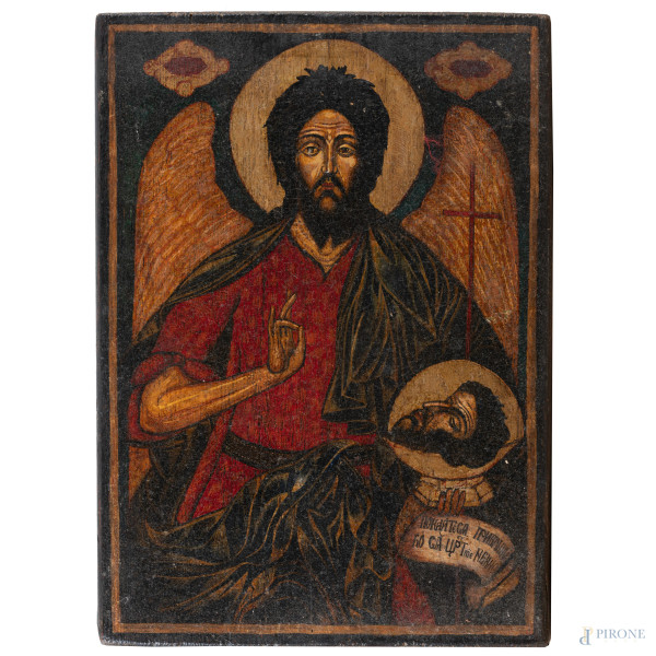 Icona raffigurante San Giovanni Battista, XIX secolo, tempera su tavola, cm 40x28,5, (segni di usura, difetti)